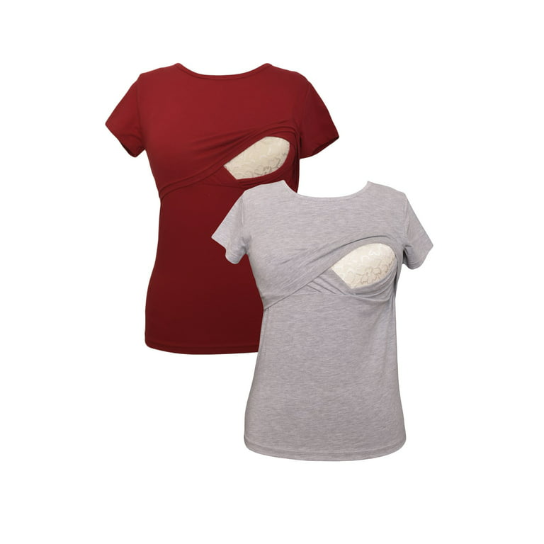 LVMA2500 - 2 Pack - 100% premium Cotton - Women short Sleeve Nursing  Maternity T-Shirt 2 Piece Set 