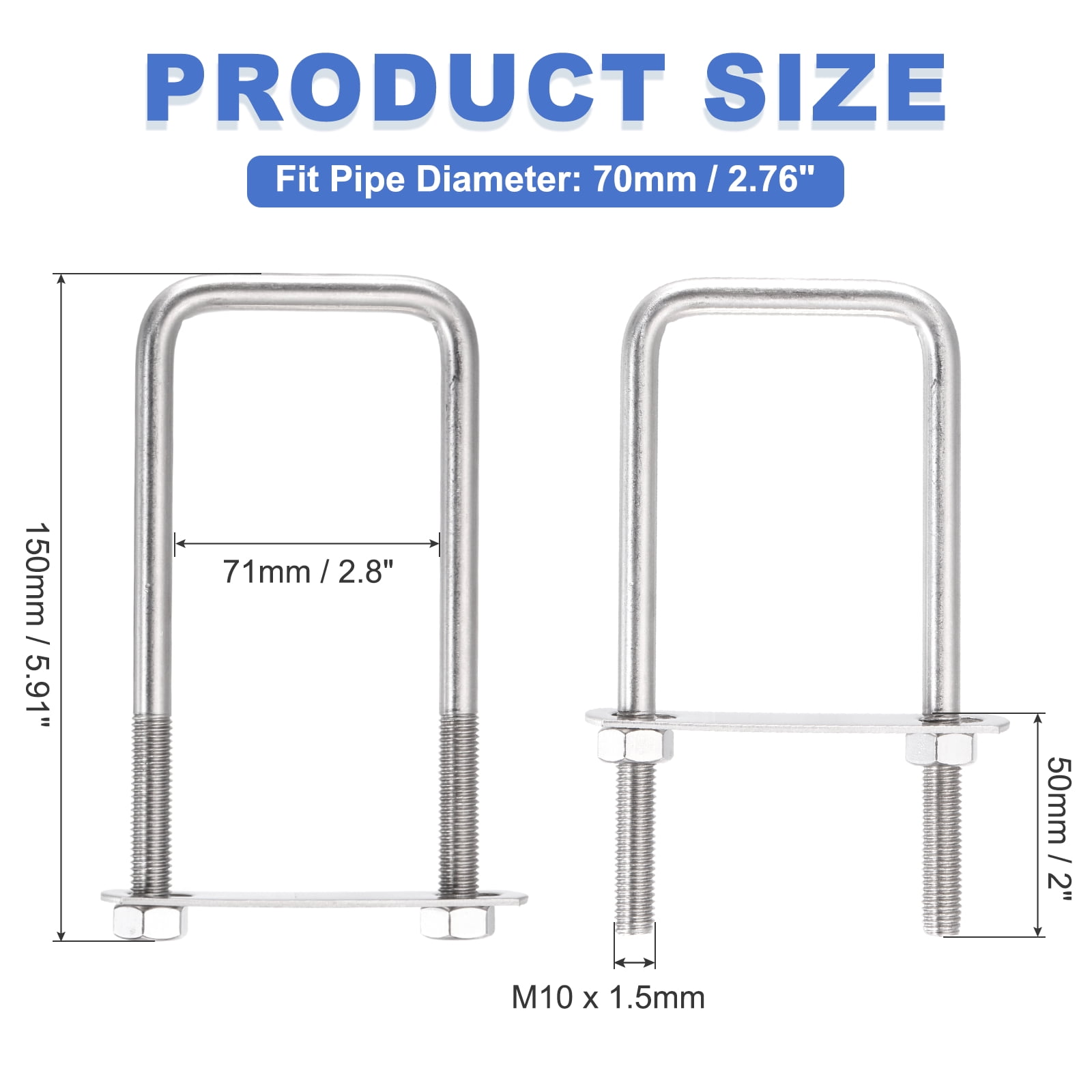 Uxcell 2 Sets M10 Square U-Bolts, 2.8" Inner Width 5.91" Length 304 Stainless Steel U Clamp Bolts with Nuts, Plates and Wrench