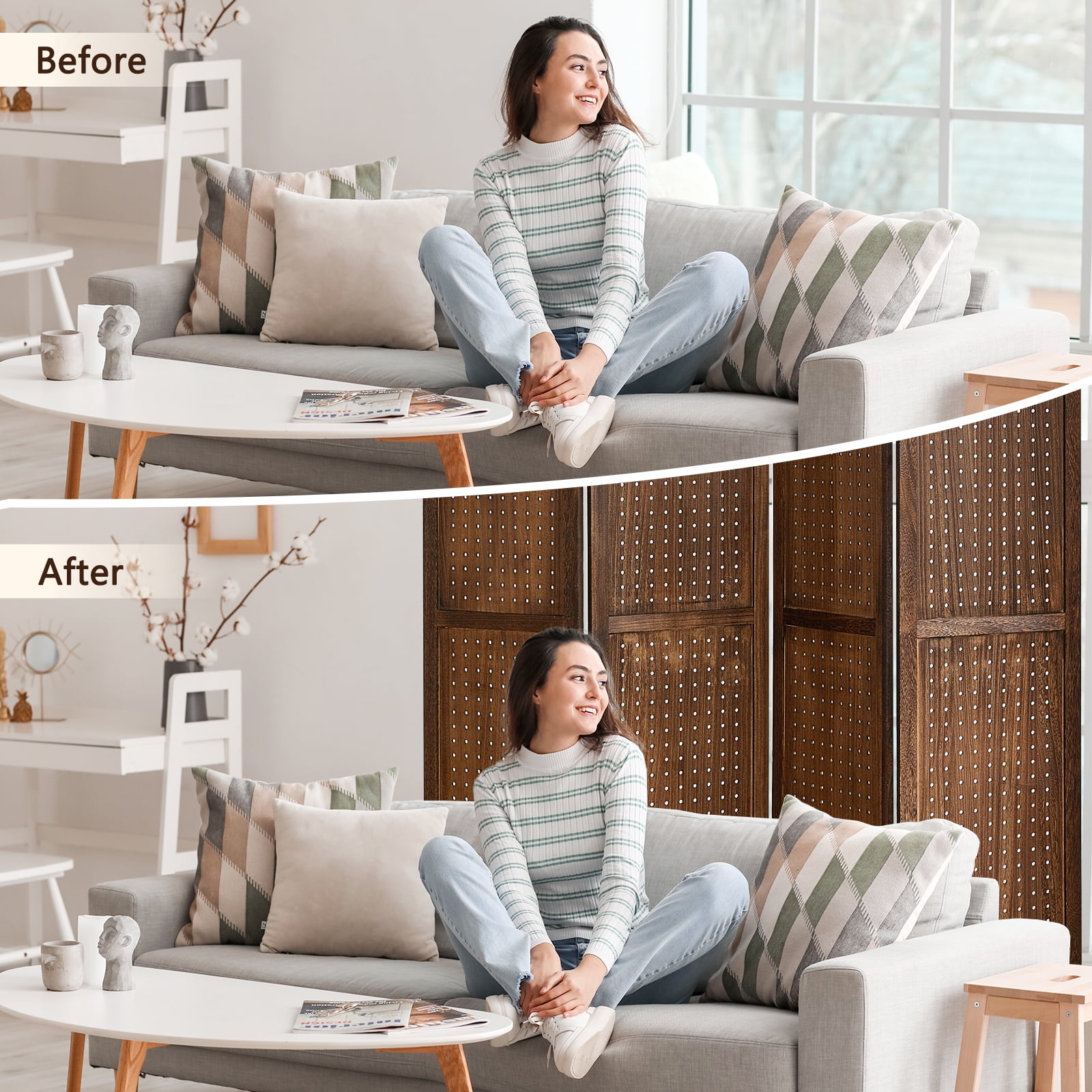 Aletheiawu 4 Panel Display with 16 Hooks, Wood Room Divider Wall, No Installation, Dark Brown