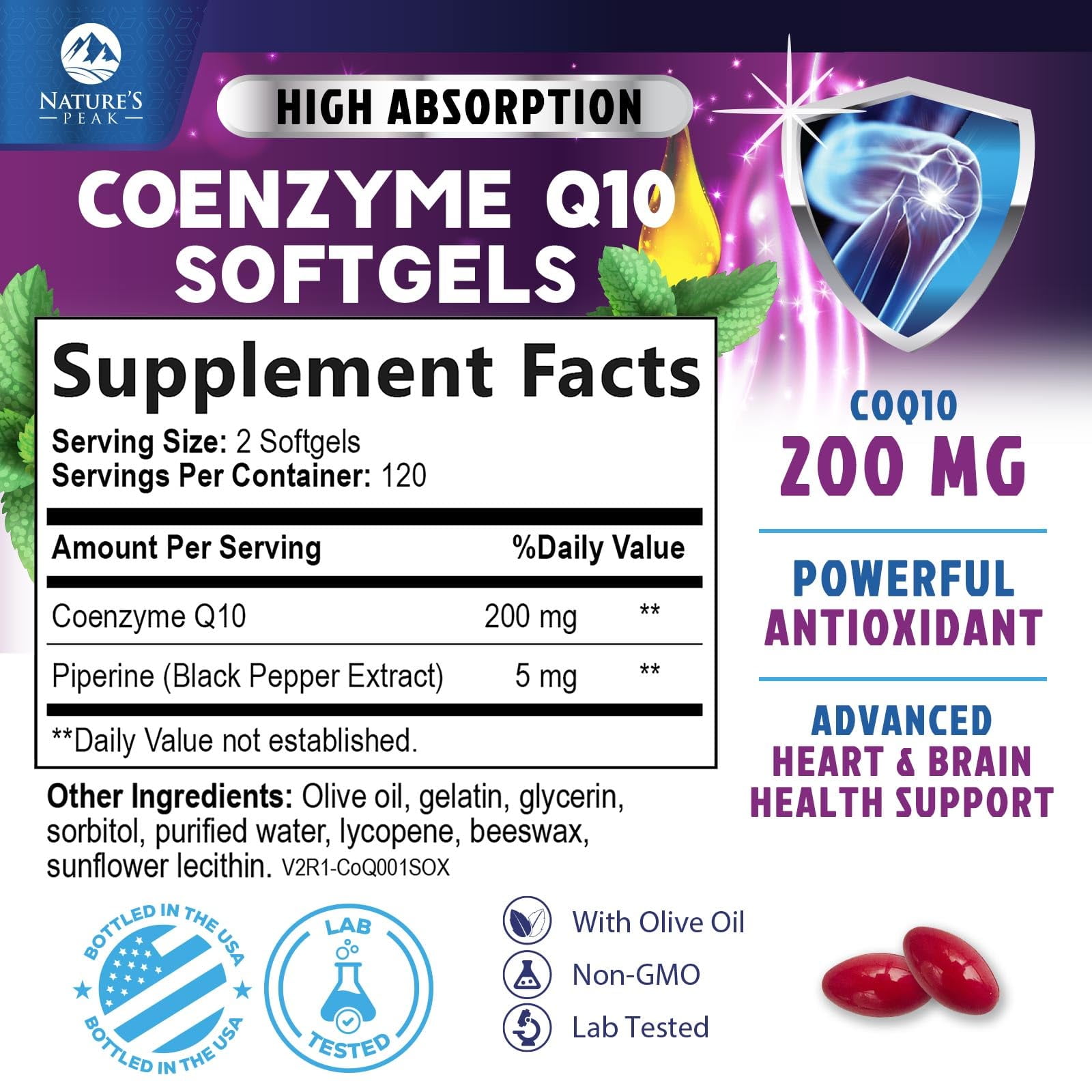 CoQ10 Softgels - Ultra High Absorption Coenzyme Q10 200mg Per Serving - Co Q 10 Softgel Supplement With Black Pepper, Energy & Heart Support Antioxidant - for Women & Men, Bottled USA - 240 Softgels