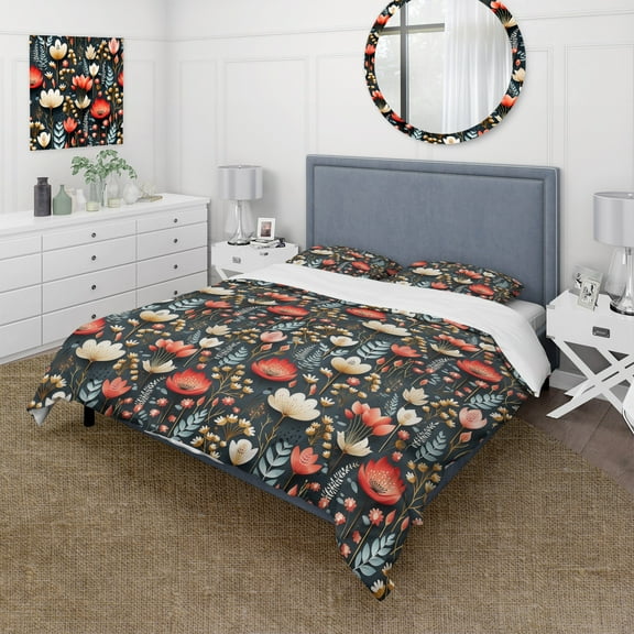 Designart "Harmony In Black Red Cottage Garden" Floral Bedding Covert Set - Cottage Bed Set With 2 Shams
