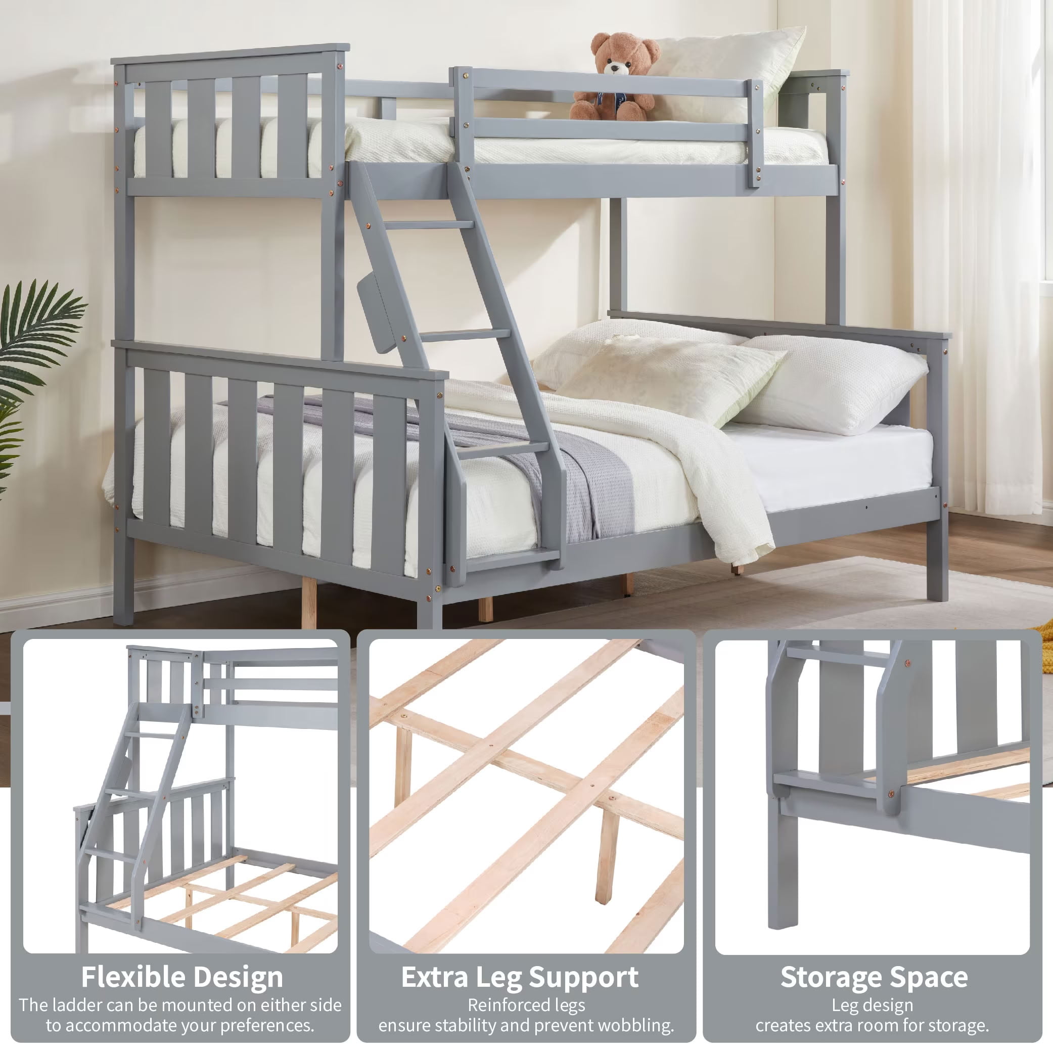MAYEERTY Twin over Full Bunk Bed with Flexible Ladder, Solid Wood Bed Frame with High Guardrails, Space-Saving for Kids Teens and Dorm Rooms