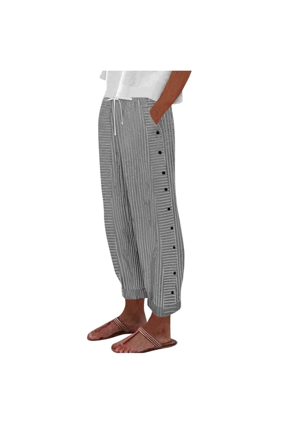 Striped Linen Pants Women Casual Side Button Stretch Wasit Drawstring Straight-Leg Pant 2026 New Fashion Relaxed Fit Beach Boho Trousers Black 3XL