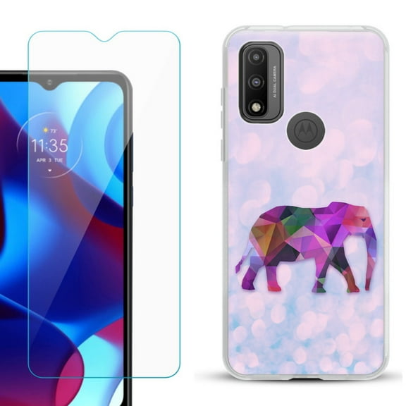 Slim-Fit Gel TPU Phone Case for Motorola Moto G Pure, with Tempered Glass Screen Protector, by OneToughShield ® - Elephant /Polygon