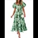 thumbnail image 2 of Vestido Midi Informal de Verano para Mujer, de Corta, Abullonado, con Cuello Cuadrado y Volantes Escalonados y Verde L, 2 of 7