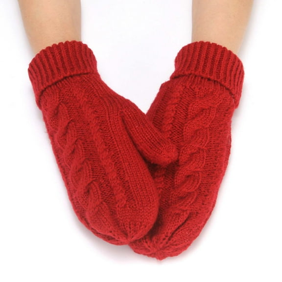 BLTIBY Women Men Winter Knit Mitten Gloves Chunky Cable Knit Thick Thermal Hand Warmer Fleece Sherpa Lined Mittens with Folding Cuffs Red One Size