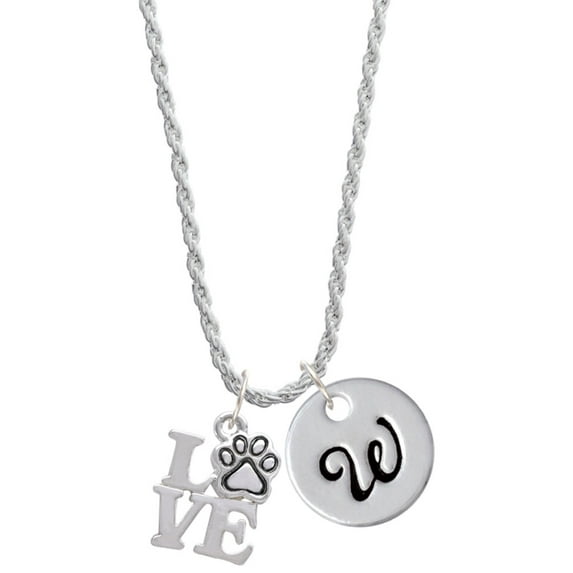 Delight Jewelry Silvertone Love with Paw Silvertone Script Initial Disc - W - Charm Necklace, 20"+3"
