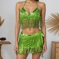 thumbnail image 2 of DHFJKG Skirt Set Women 2 Piece Outfits Latin Tango Halter Sparkly Sequin Tassels V Neck Side Tie Crop Top Mini Skirts Party Dance Wear Versatile Outfit, 2 of 5