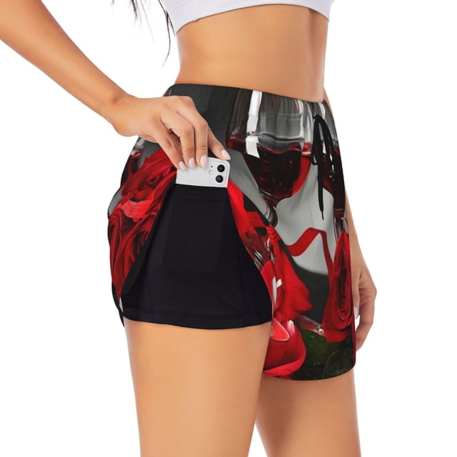 Balery Red Wine Rose Pantalones cortos deportivos para mujer con forro y dos bolsillos, elásticos, para entrenamiento, gimnasio, yoga-Large