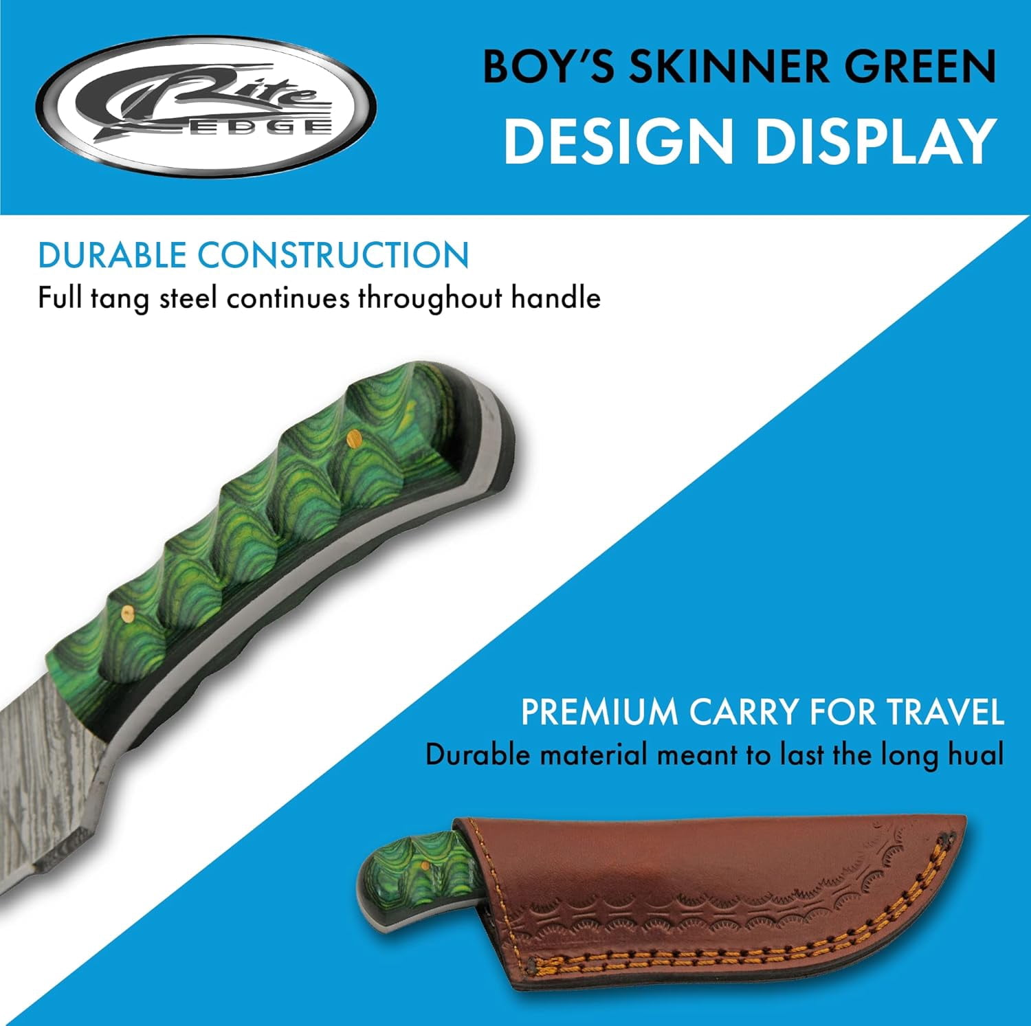 SANZ 6" Damascus Steel Outdoor Utility Knife with Green Pakkawood Handle and Leather Sheath