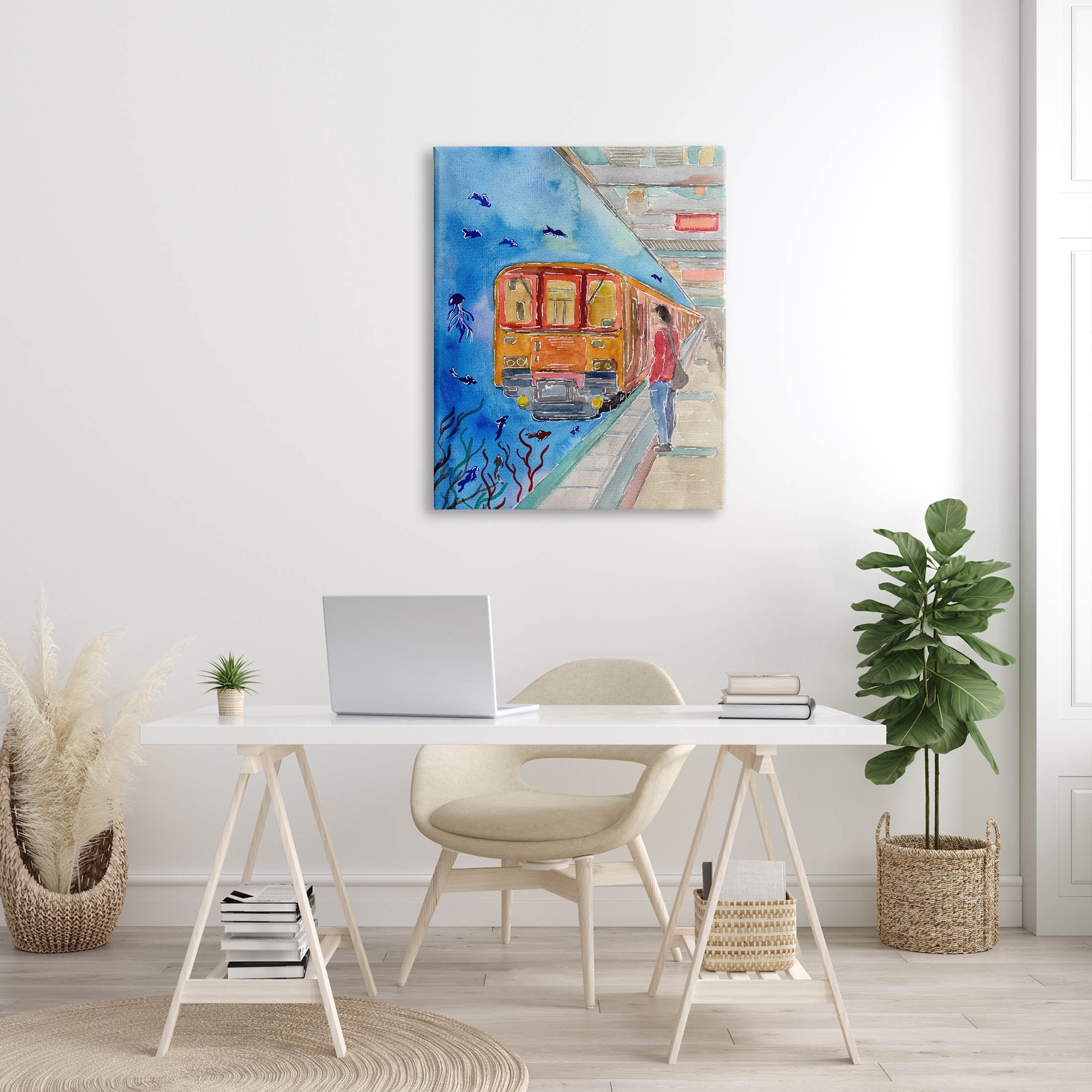 Underwater Aquarium Subway Train Landscape Painting Gallery Wrapped Canvas Print Wall Art