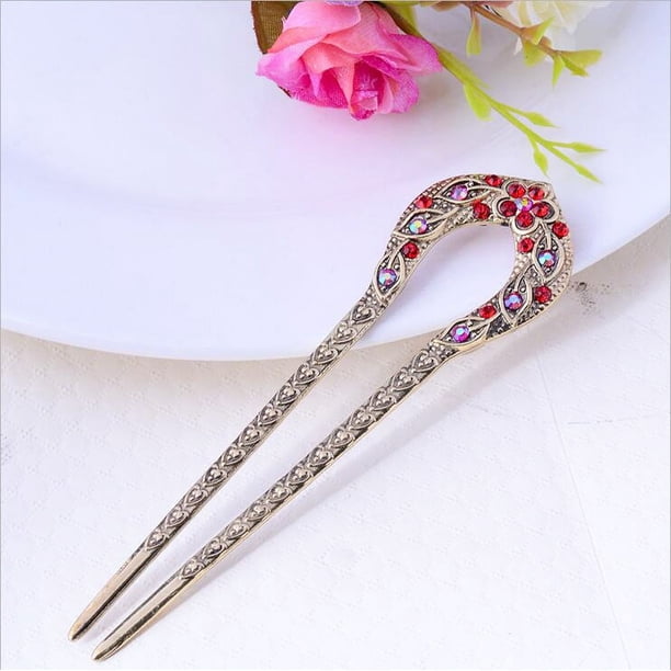 Horquilla en forma de U Exquisita horquilla antigua Hanfu Accesorios para el cabello con diamantes de imitación y flor de durazno