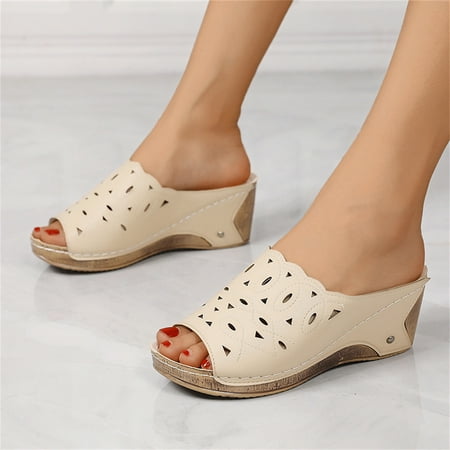 

HIBRO Ladies Fashion Solid Color Leather Cutout Open Toe Wedge Roman Sandals