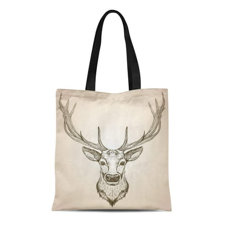 LADDKE Canvas Tote Bag Stag Sketch of Deer Head Big Antlers Front View Reusable Shoulder Grocery Shopping Bags Handbag