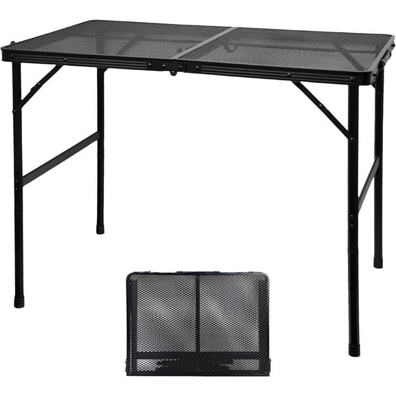Camping Table with Mesh Desktop, Lightweight & Portable Folding Grill Table, Height Adjustable Metal Outdoor Table for Camp, Cooking, BBQ, RV, Picnic-3 FT Black