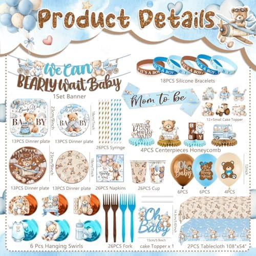 Blue Bear Baby Shower Decorations for Boy We Can Bearly Wait Baby Shower Plates and Napkins Tablecloth Banner Toppers Bracelets Sash Honeycombs Balloons for Boy Baby Shower Party Supplies Serve 26