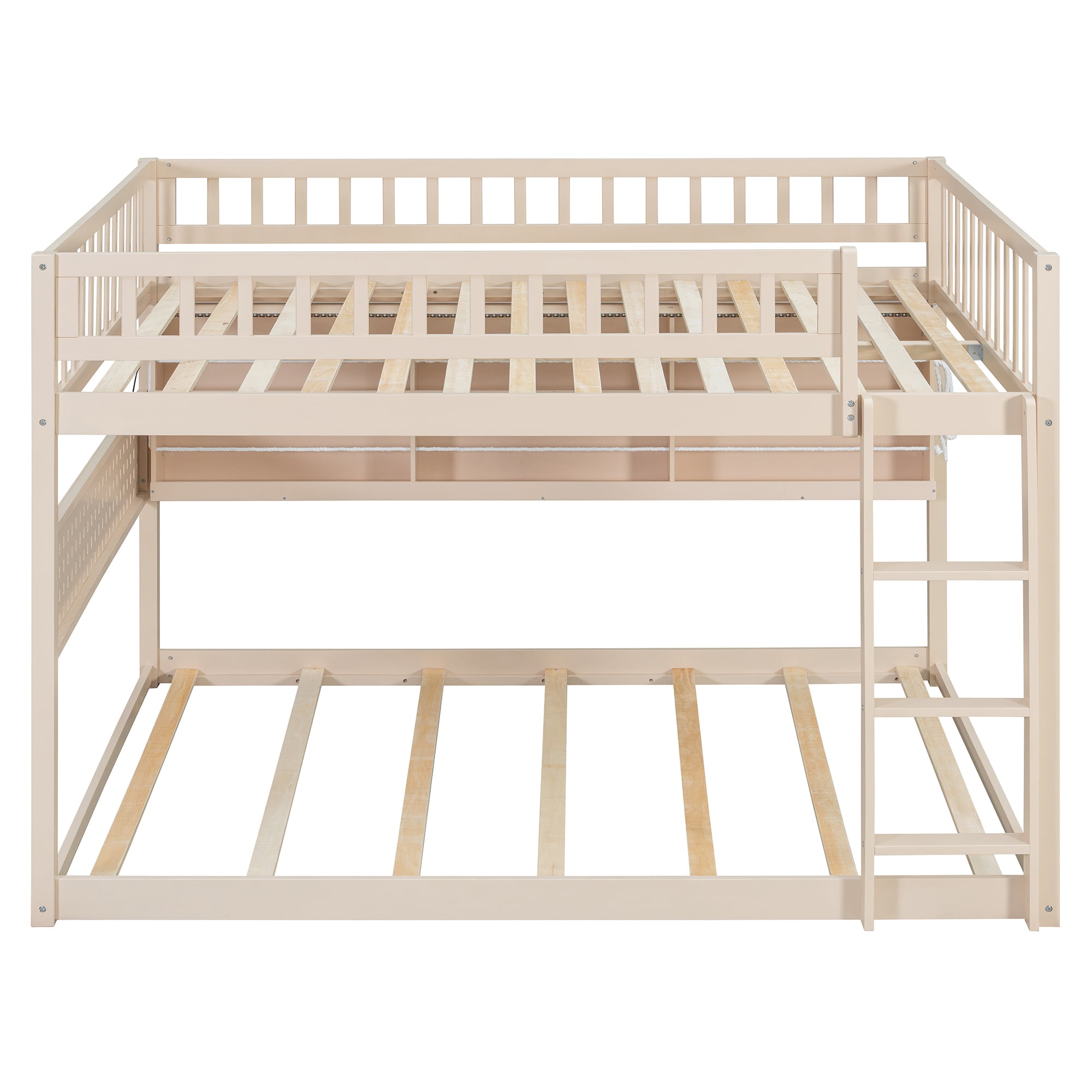 Full over Full Wood Bunk Bed with Integrated Side Storage Shelves and Pegboard, Solid Wood Bunk Bed Frame with Color-Changing Lights and Safety Guardrails for Teens, Adults, Guests