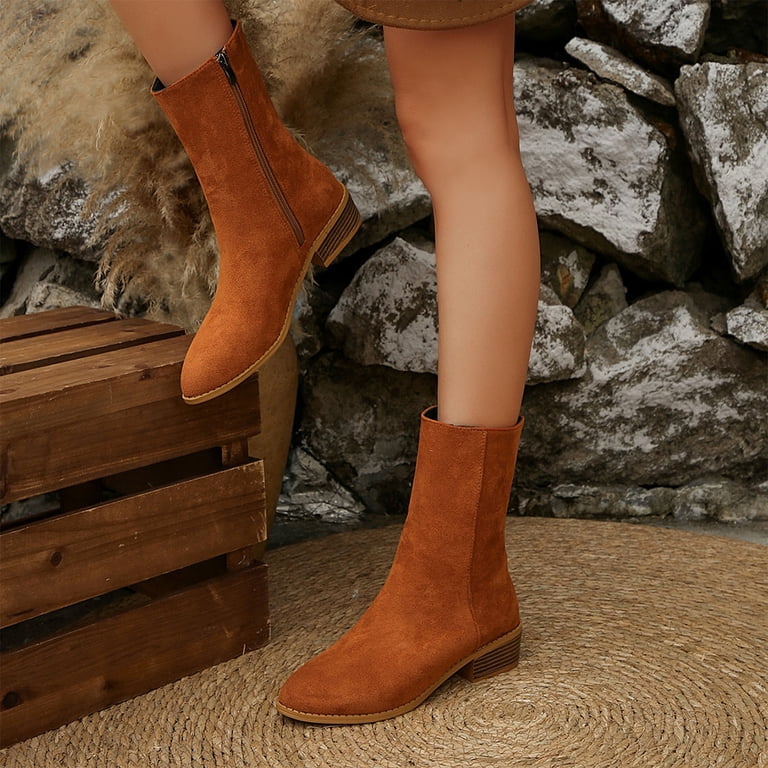 ladies suede dress boots Viluyesy Womens Leather Mid Calf Boots, Side Zipper Round Toe Chunky Heels Classic Fashion Orange US9, Women's sets & dresses