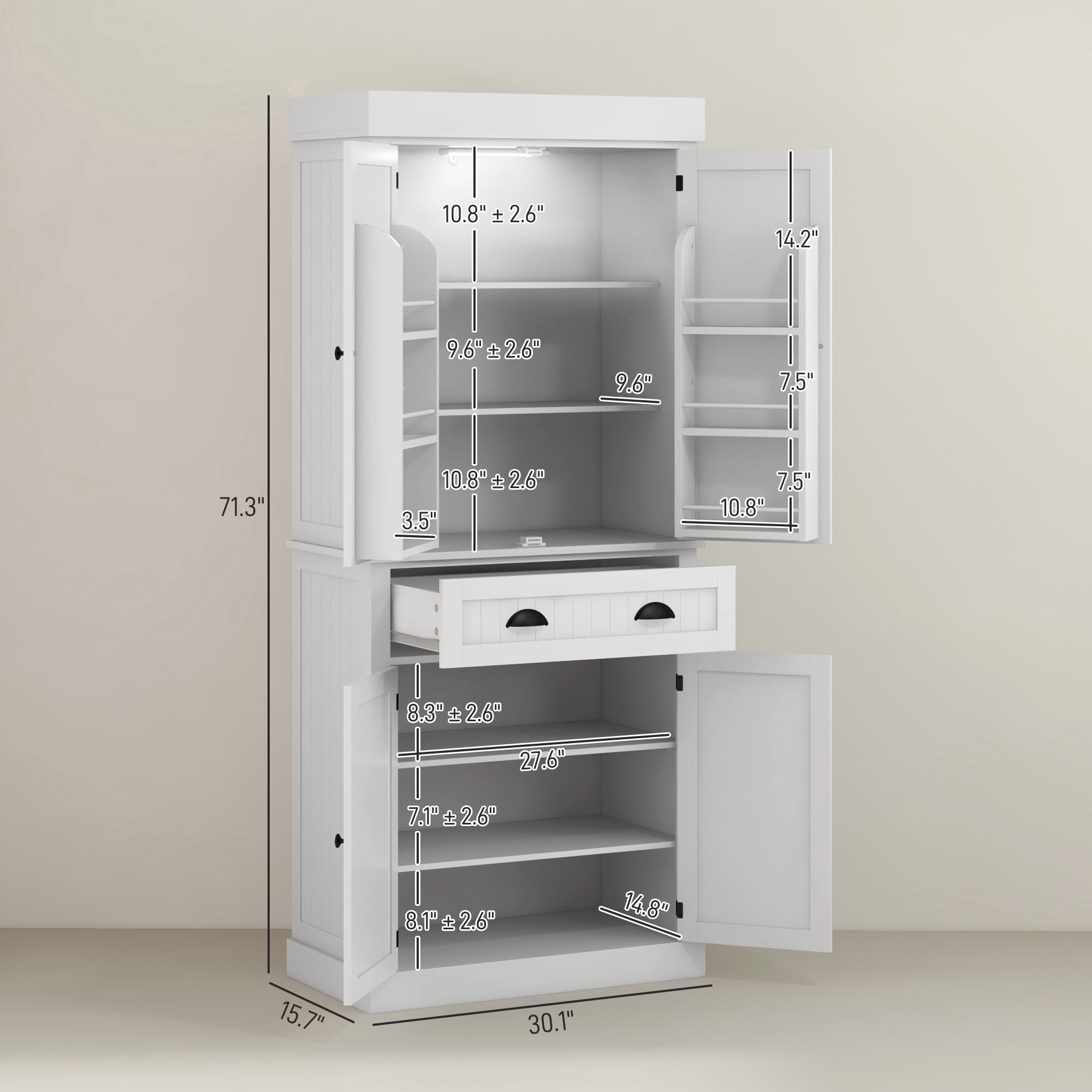 HOMCOM 71" Kitchen Pantry Cabinet with Large Storage and LED Lights, White