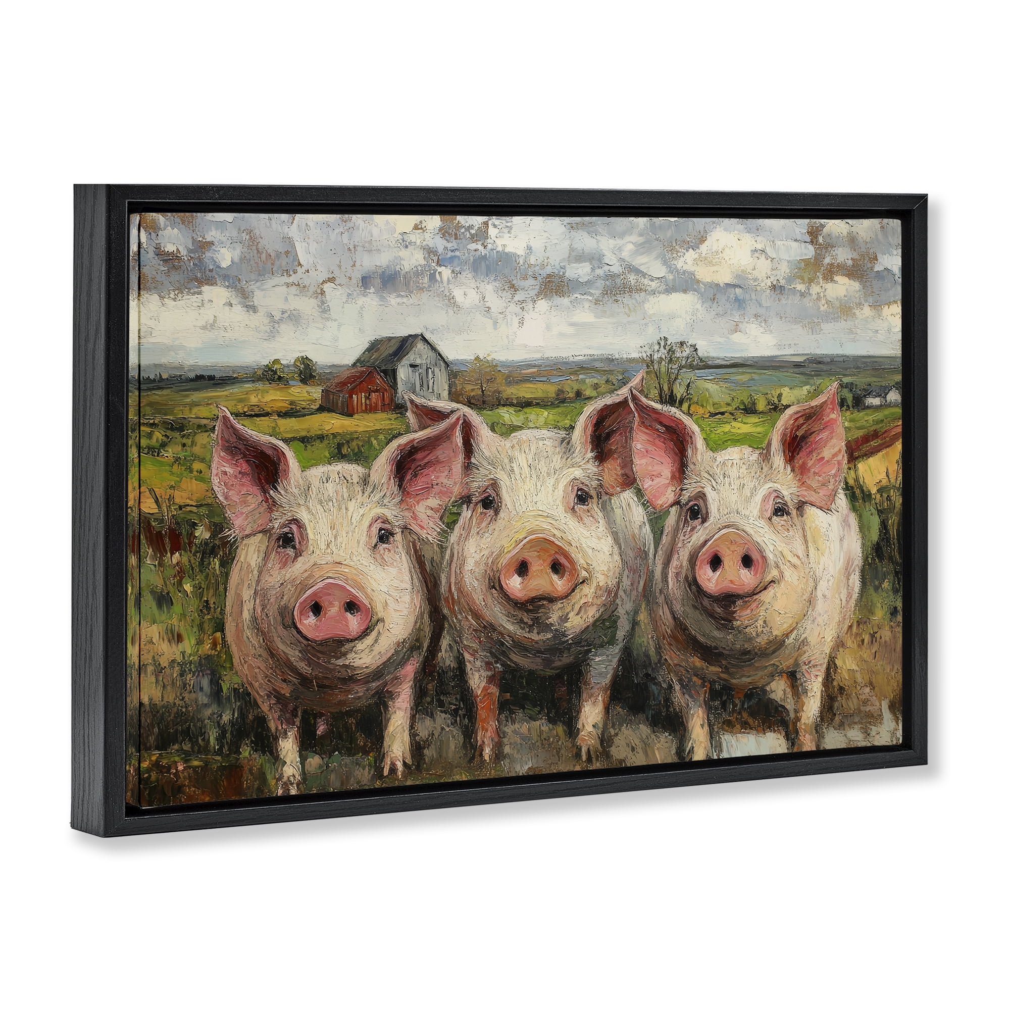 Stupell Industries Classic Barnyard Pigs in Countryside Black Framed Floater Canvas Wall Art, design by Petal Prints Design
