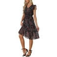 thumbnail image 4 of INSPIRE CHIC Vestido de Mujer Floral con Mangas de Volante en V, Ropa Casual con Volantes, Negro Rojo L, 4 of 6