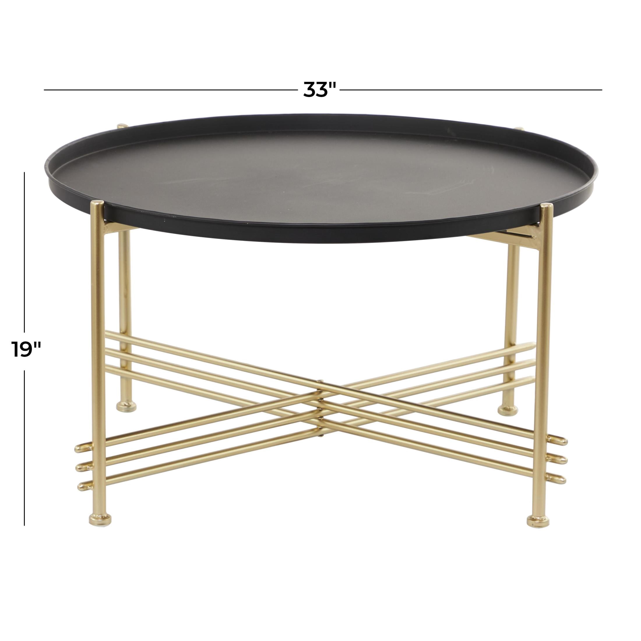 DecMode 33" x 19" Black Metal Tray Top Coffee Table with Gold X-Shaped Base, 1-Piece