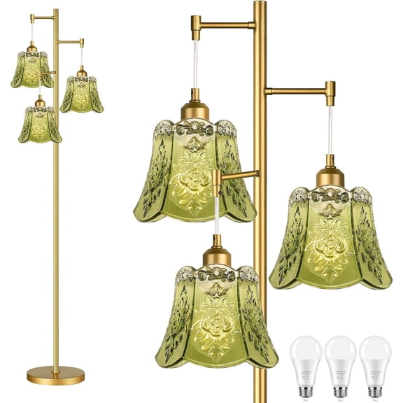 Gold Floor Lamp for Living Room,Bedroom,Tree 3 Light Standing Lamp Mid Century Modern Brass Tall Floor Lamps Vintage Retro Floor Lights Glass Green Flower Lamp Shade Farmhouse Boho Bohemian