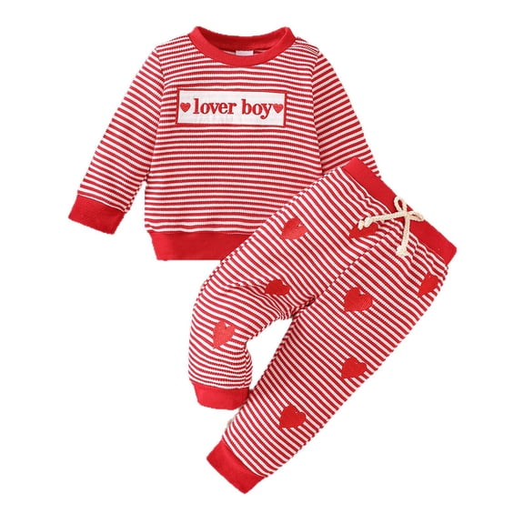 XAOFW Kids Sets Toddler Boys Heart Embroider Striped Pullover Tops T Shirt Pants Long Sleeve O-Neck Fashionable Comfort Casual Daily Wear Outfits