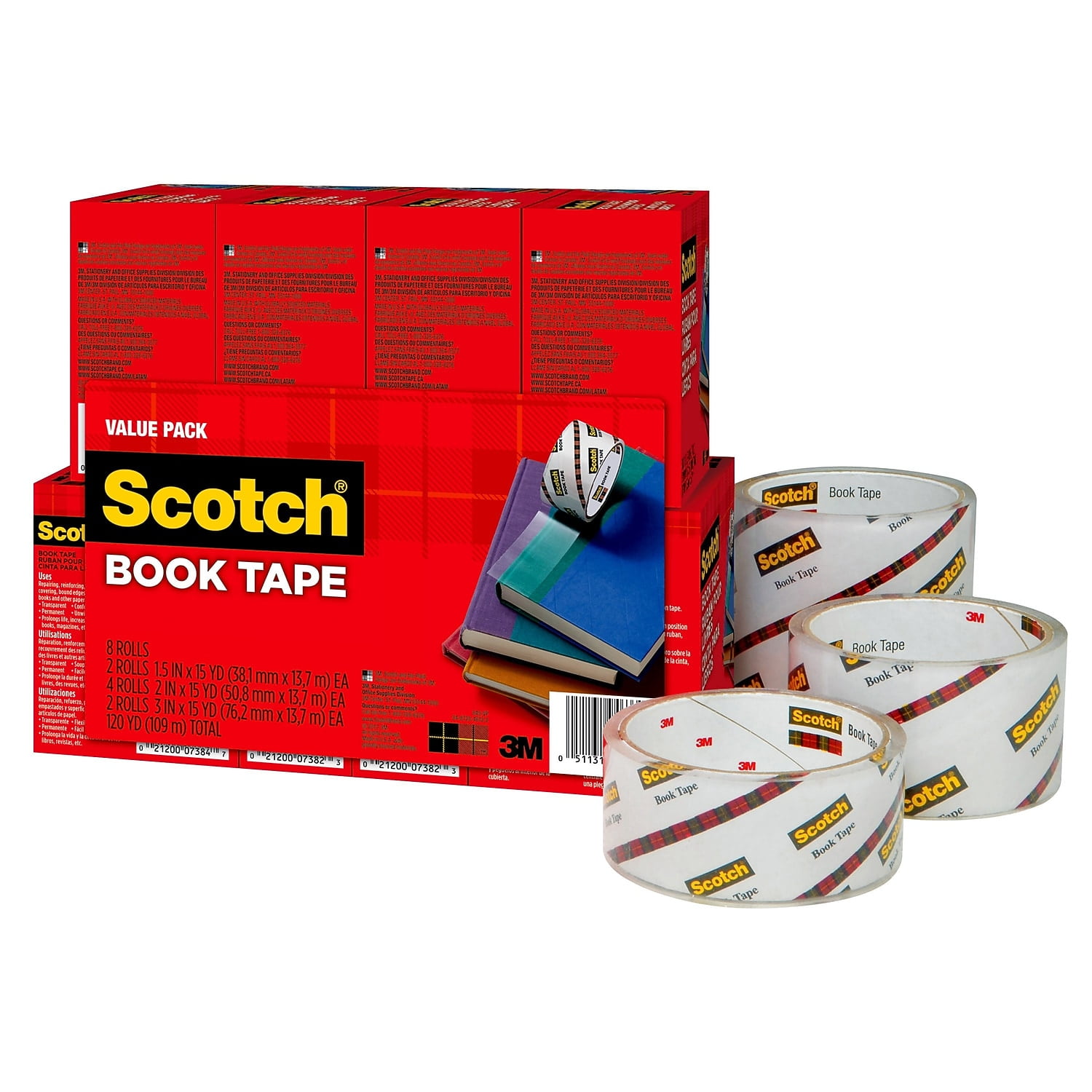 Scotch Book Tape Value Pack, 3" Core, (2) 1.5" x 15 yds, (4) 2" x 15 yds, (2) 3" x 15 yds, Clear, 8/Pack