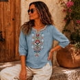 thumbnail image 5 of PBFRDSJ Cotton Linen Tops for Women Lightweight Retro Embroidered 3/4 Sleeve Bohemian Peasant Shirts Plus Size V Neck Casual Summer Beach Boho Tops, 5 of 9