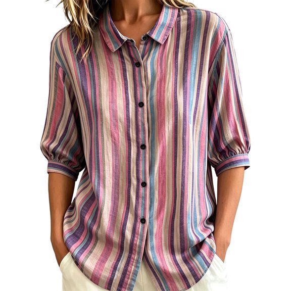 PBFRDSJ Womens 3/4 Sleeeve Striped Button Down Shirt Vintage Collar Loose Fit Casual Blouse for Office Business