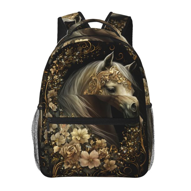 Balery Palatial Gold Pattern Horse Mochila Escolar Impresa, Mochila Ligera para Viajes Casual, Mochila Duradera y Cómoda Multifuncional, Mochila para Laptop-One Size