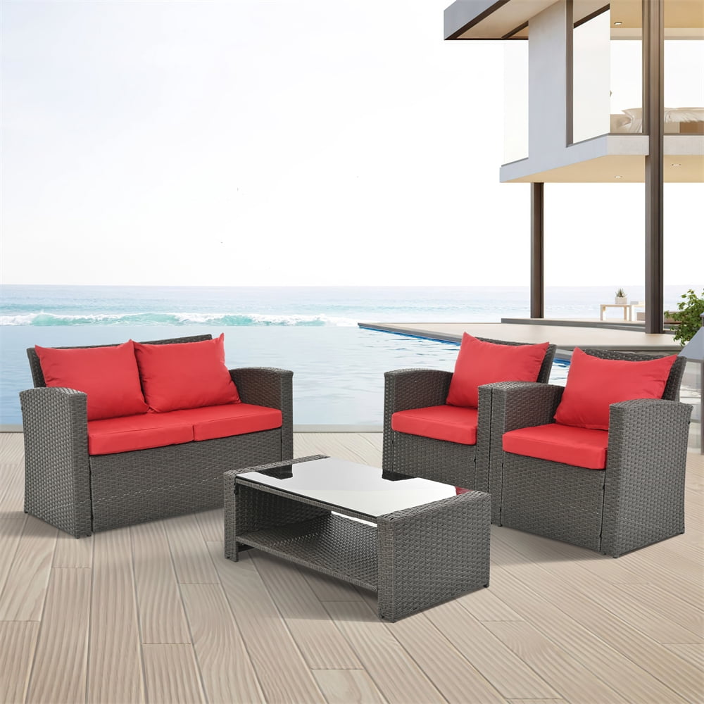 4 Pieces Patio Conversation Set, Outdoor Furniture Set with Cushion, Outside Sectional Rattan Wicker Sofa for Garden, Porch, Backyard, Red