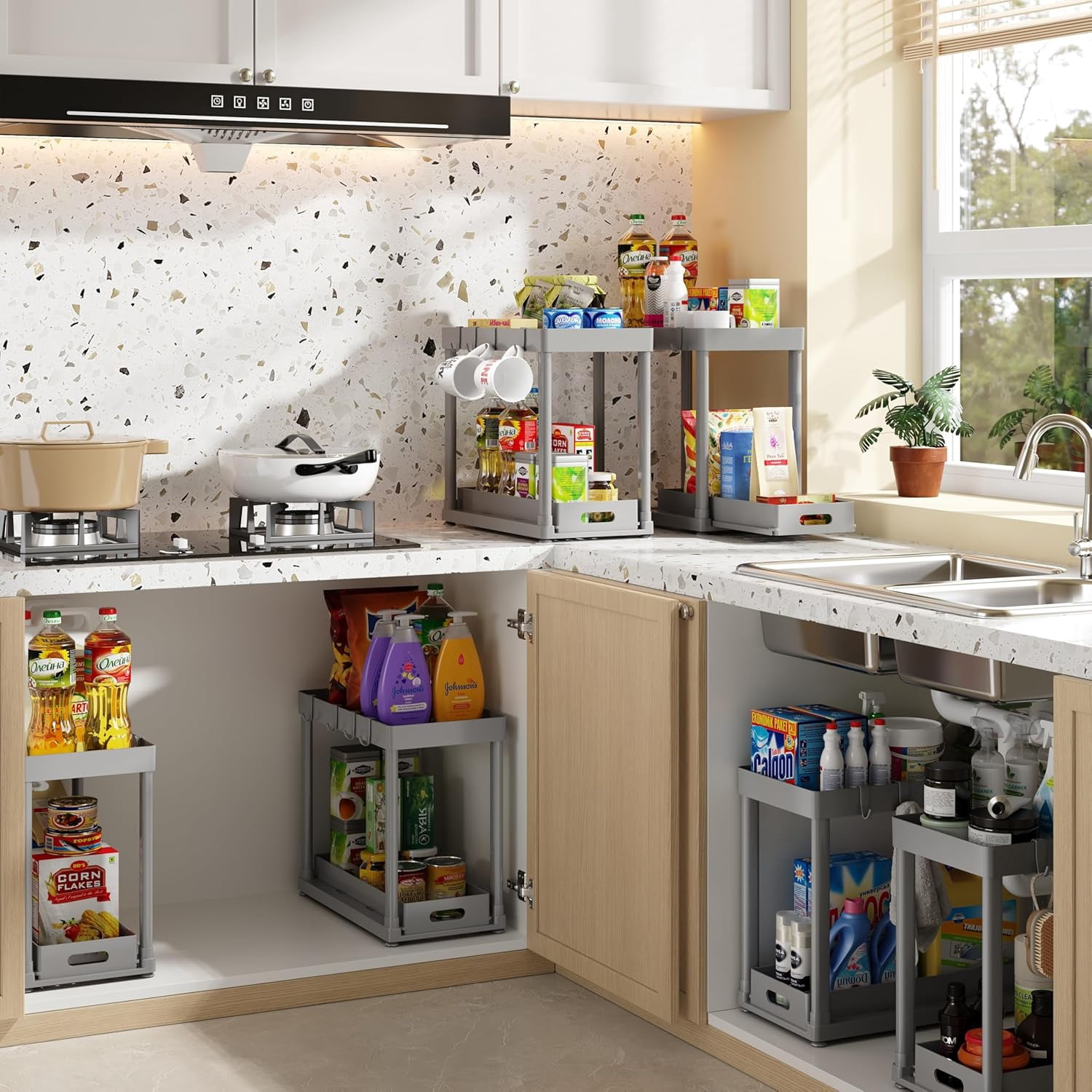 2PC Under Sink Organizer Rack 2 Tier Sliding Cabinet Basket with 4 Hooks - Multi-Purpose Storage for Kitchen Bathroom Desktop