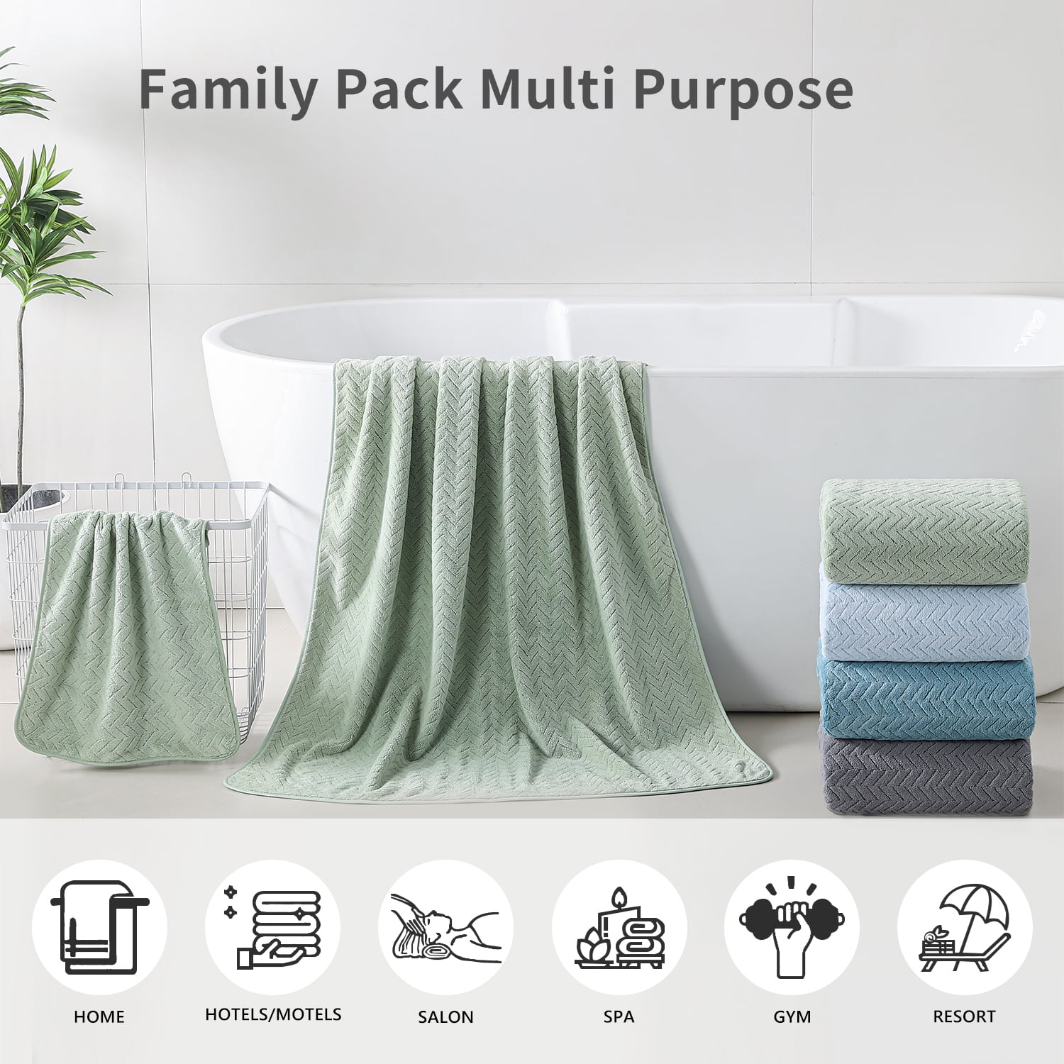 Covina Home 8-Pack Light Green Bath Towel Set, Oversized Ultra Soft Microfiber Bathroom Towel Set Adult Luxury Lightweight Cozy Collection