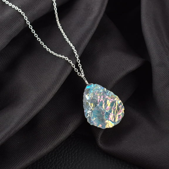 QNAVIC Raw Angel Aura Quartz Rough Elongated Pear Shape Gemstone Handmade Dainty Pendant Necklace Healing Chakra Crystals Birthstone Gift for Women Silver Plated Chain 18 inch