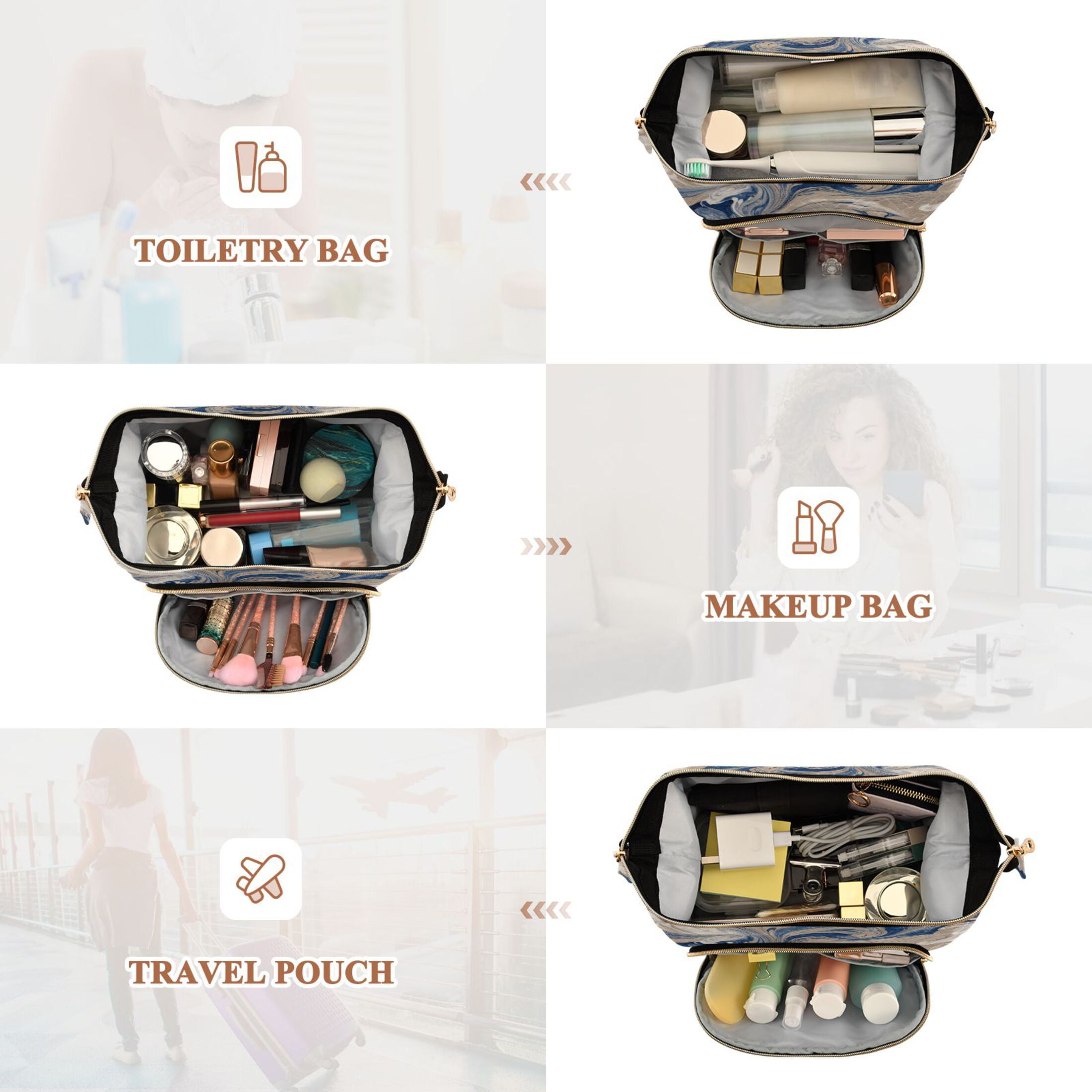 Wavy Quilted Cosmetic Bag Large-Capacity Travel Toiletry Organizer Includes 9-Piece Portable Travel Bottle Set Blue Flowing Liquid Marble