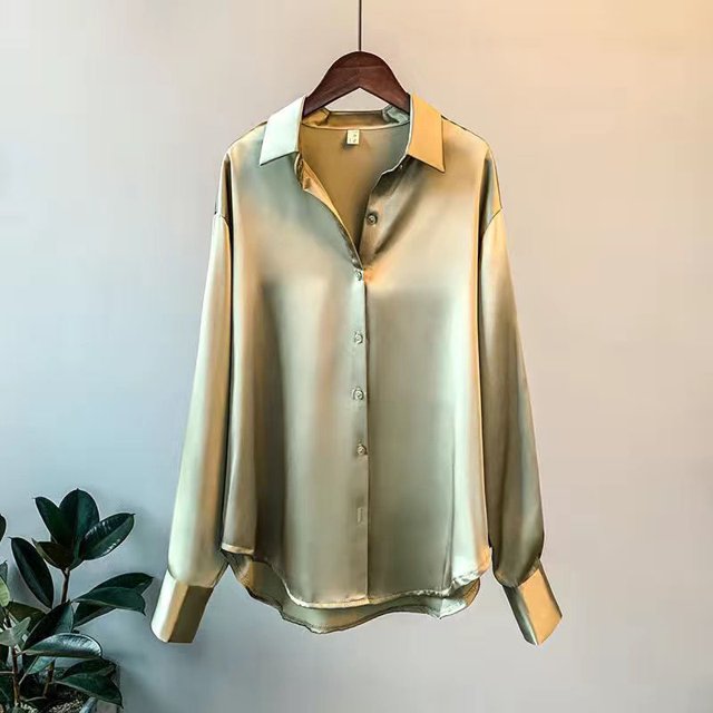 Bingirl Chemise Satinée pour Femme à Col à Revers à Manches Longues Couleur Unie Coupe Ample Chemise Rétro Vert m