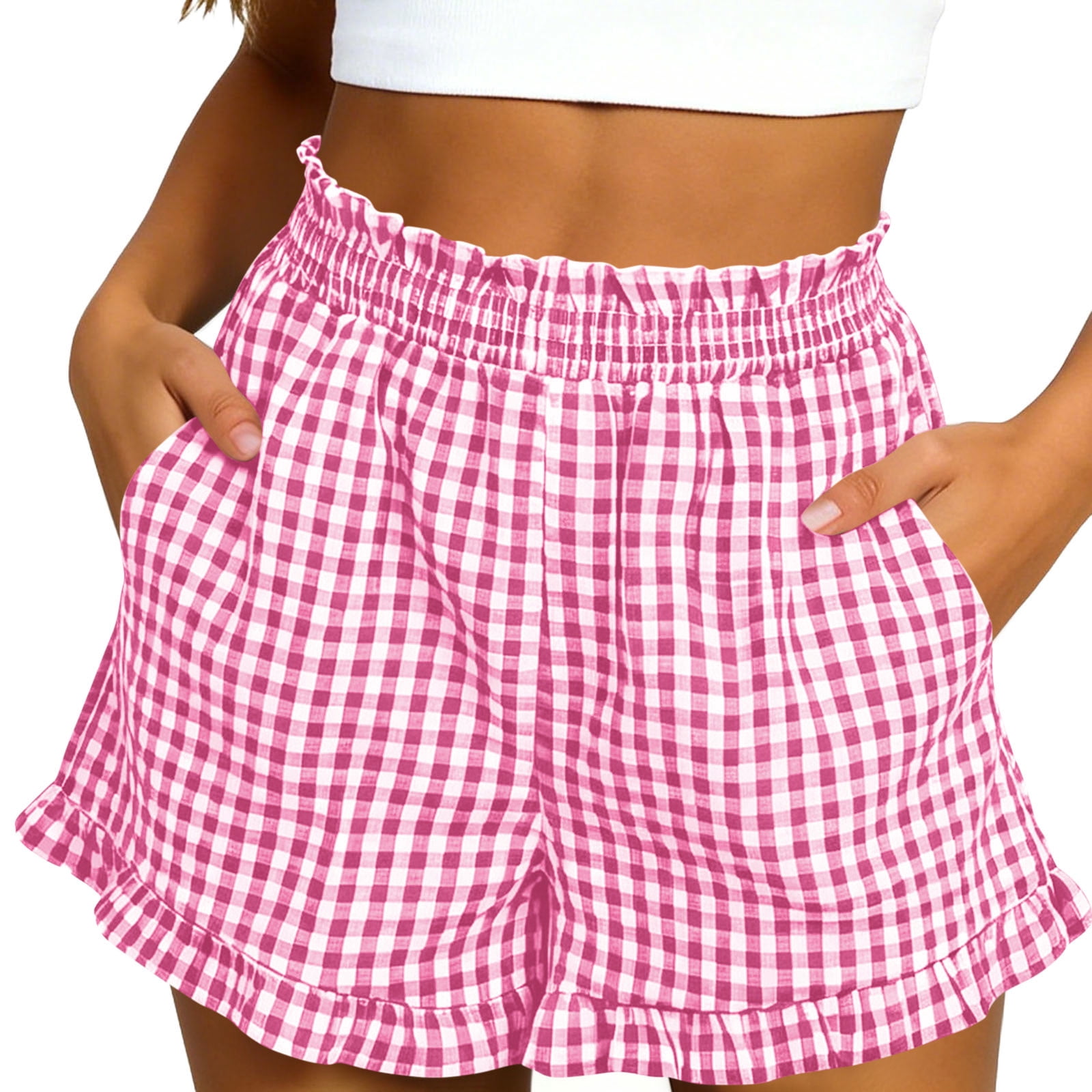 Bosfbaoi Women's Gingham Shorts Ruffle Trim Elastic Waist Shorts