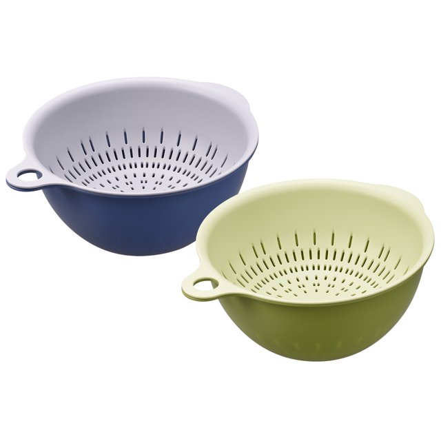 Juego de tazones de colador de colador de cocina, 2 piezas Cesta de drenaje de doble capa mediana adecuada para frutas, verduras, pasta, bayas - azul verde