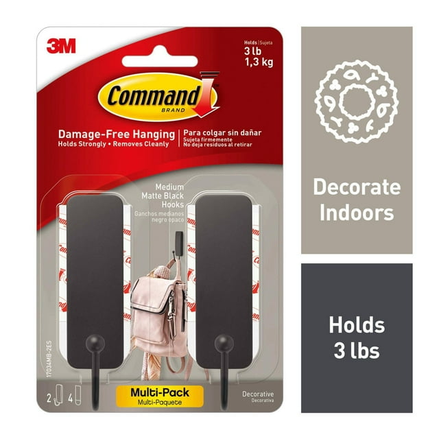 Command™ Hooks 17034MB-2EF, Matte Black, 2 Hooks, 4 Strips