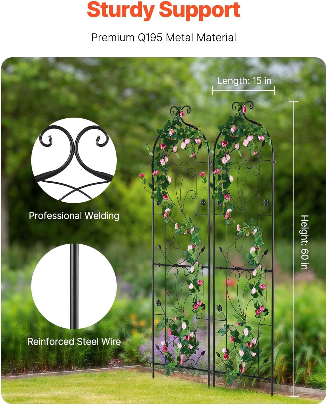 CHTER Garden Trellis for Climbing Plants, 60 x 15 in, 2 Packs Rustproof Metal Garden Flower Trellis, Outdoor Climbing Rose Trellis Cucumbers Support, Decorative Clematis Trellis for Courtyards Lawns