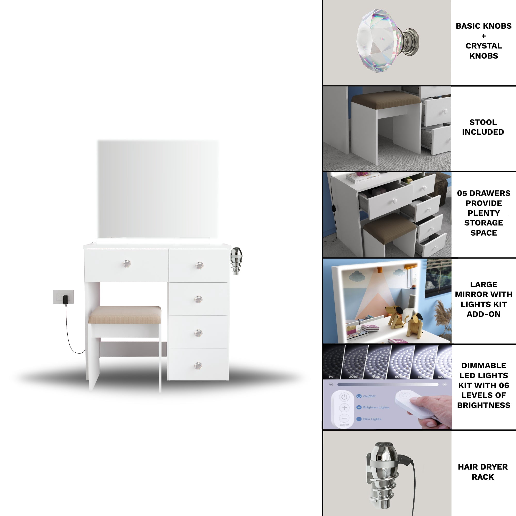 Ember Interiors Small Vanity Makeup Desk with LED Lights, Chair, Crystal Knobs, White