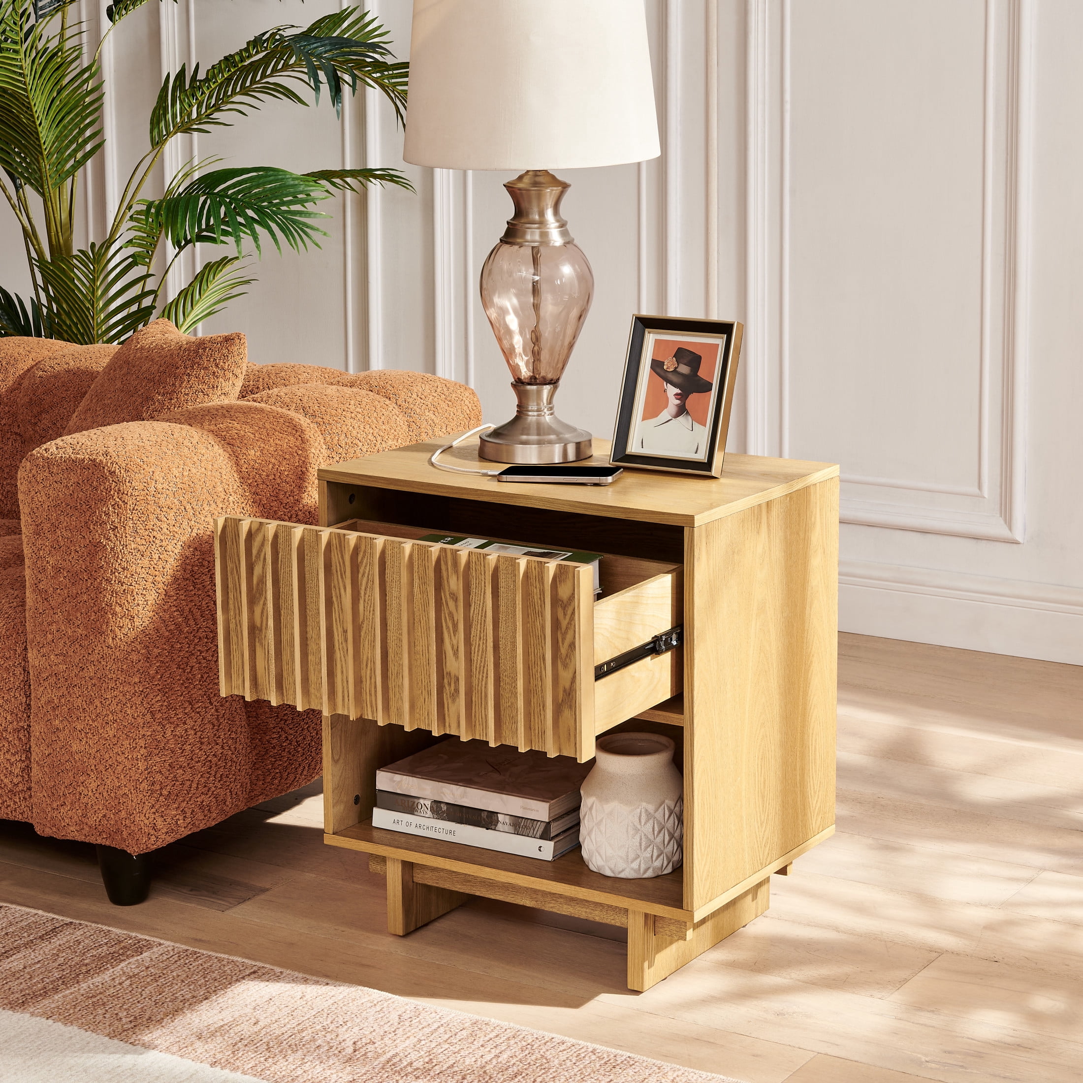 GDF Studio 23.4" Grille Slat Nightstand with Charging Station, Drawer & Open Shelf, Natural