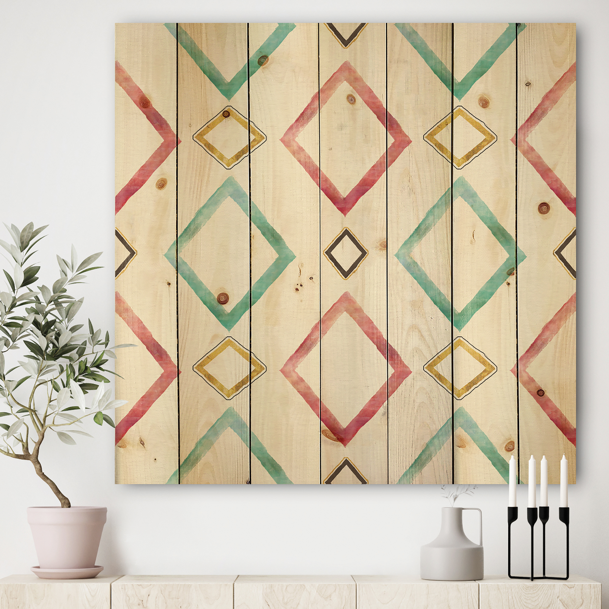Designart 'Gilded Red and Blue Diamonds' Transitional Print on Natural Pine Wood