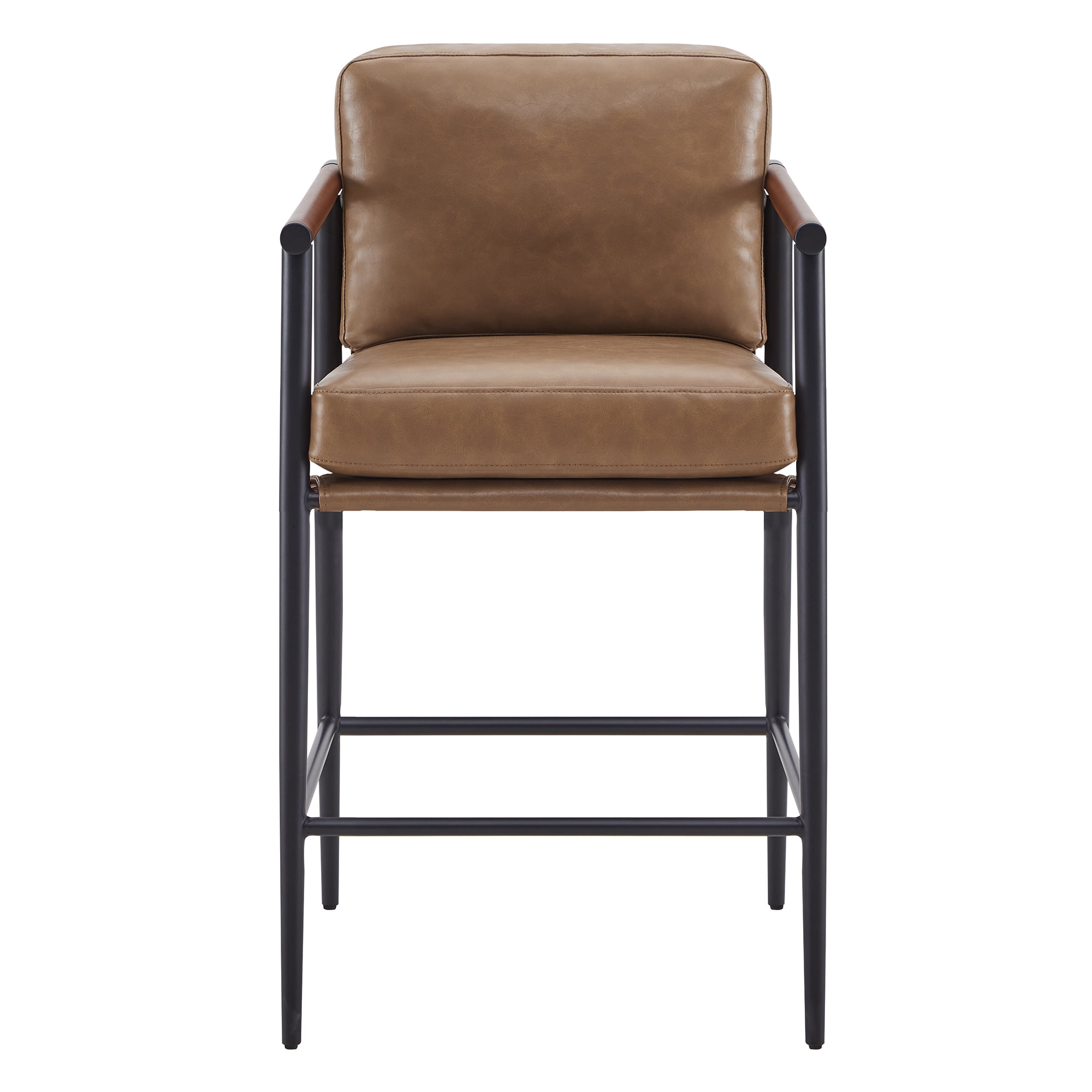 CHITA Modern Counter Stools Set of 2, Upholstered Bar Stools with Metal Frame and Wooden Armrests, Faux Leather in Saddle Brown