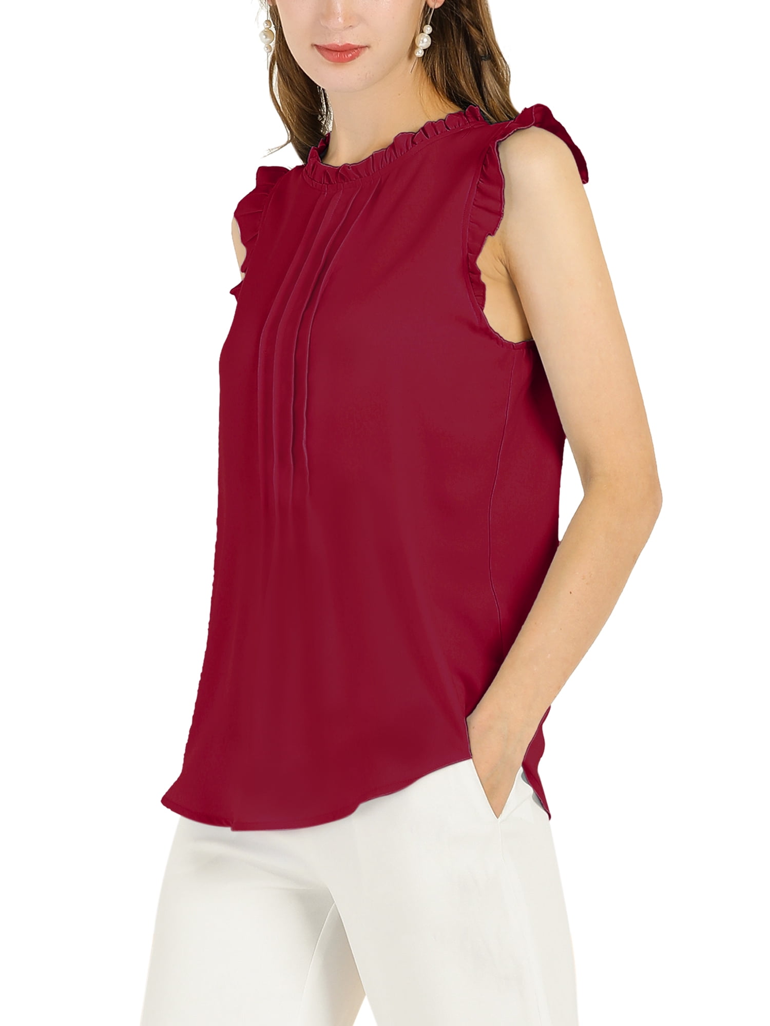 DARING DIVA Women's Ruffled Trim Pleated Plain Blouse Top L Burgundy