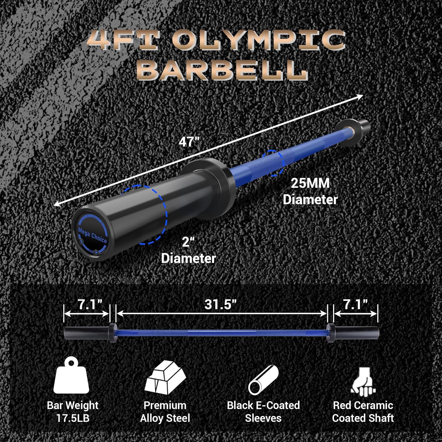 4FT Barbell – 500 lb Capacity Weight Bar for Home Gyms, Compact 48" Powerlifting Bar with Knurled Grip, Fits 2" Standard Plates