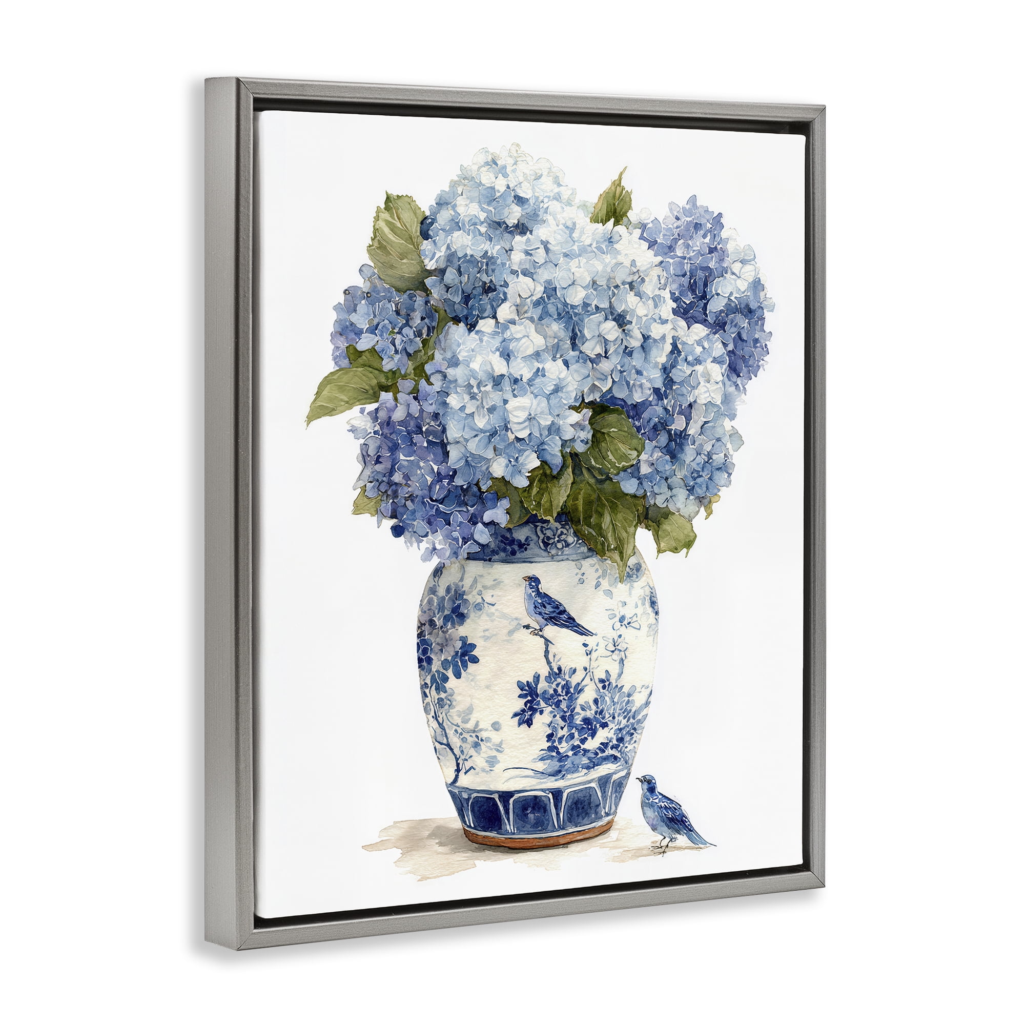 Stupell Industries Blue Bird & Hydrangea Vase Gray Framed Floater Canvas Wall Art, design by Imagine It Images