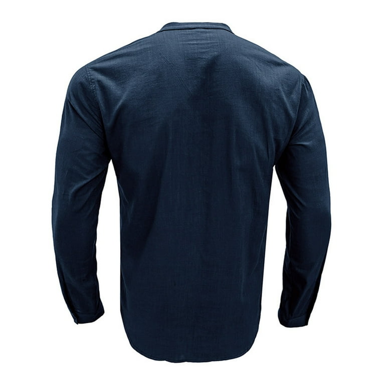 Mens Long Sleeve Linen Shirt 1 2 Button Solid Stand Collar Pullover Dress Shirt Chest Pocket Casual Cozy Tops Walmart